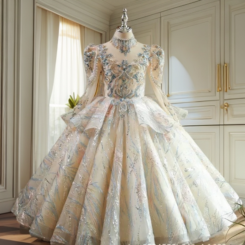 高端女童重工礼服儿童主持人花童长袖生日钢琴演奏走秀洋气春秋蓬