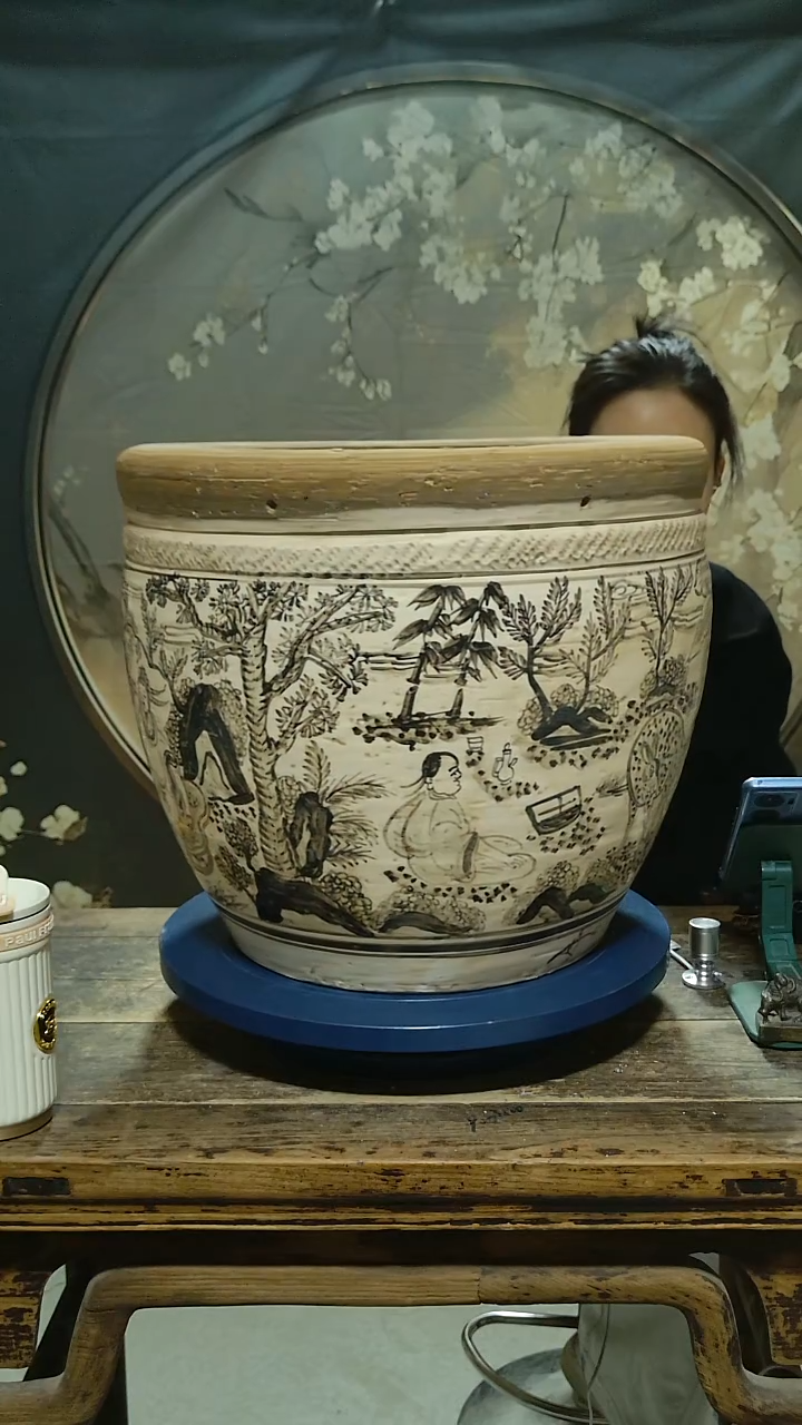 观音磁州窑大个卷缸高38公分口径43公分