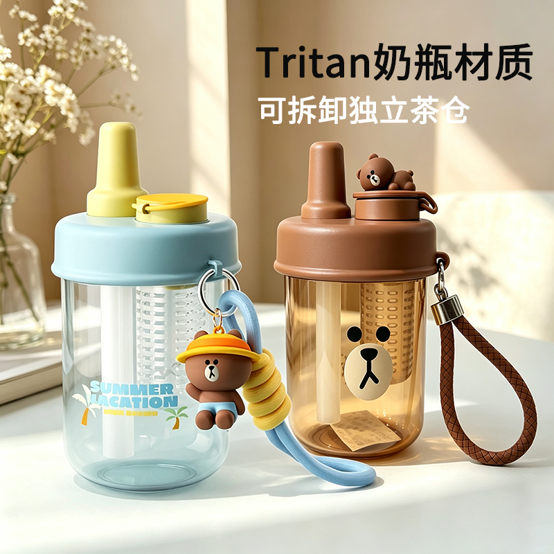 【贤惠补贴】布朗熊果茶杯TRITAN可爱吸管便携学生水杯400ML