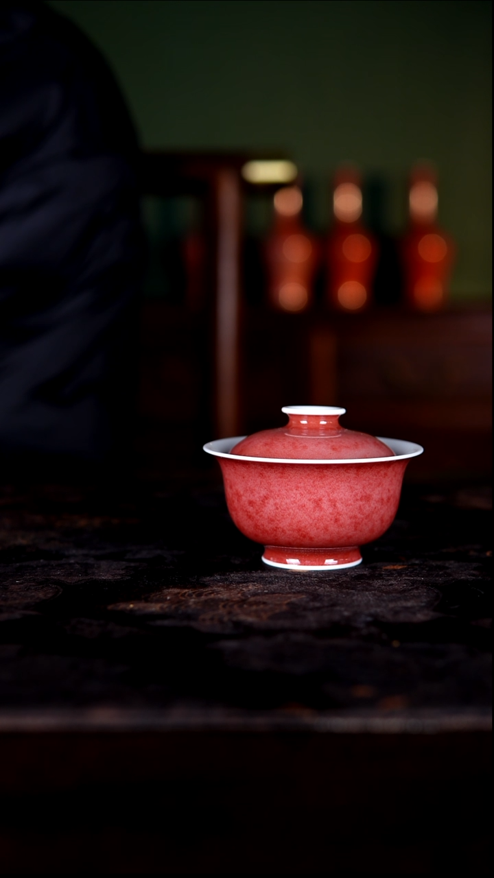 盖碗白泥豇豆红高温铜红釉