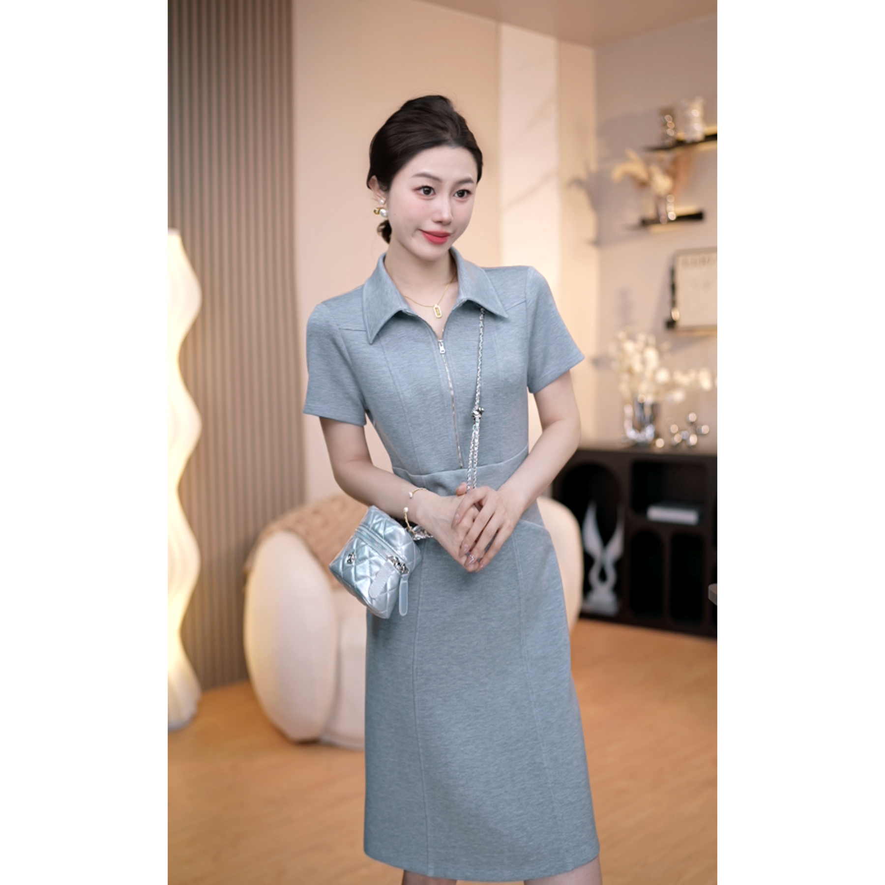 SSHAN珊珊【通勤一夏】夏季薄款显瘦通勤休闲时尚Polo领连衣裙8666D