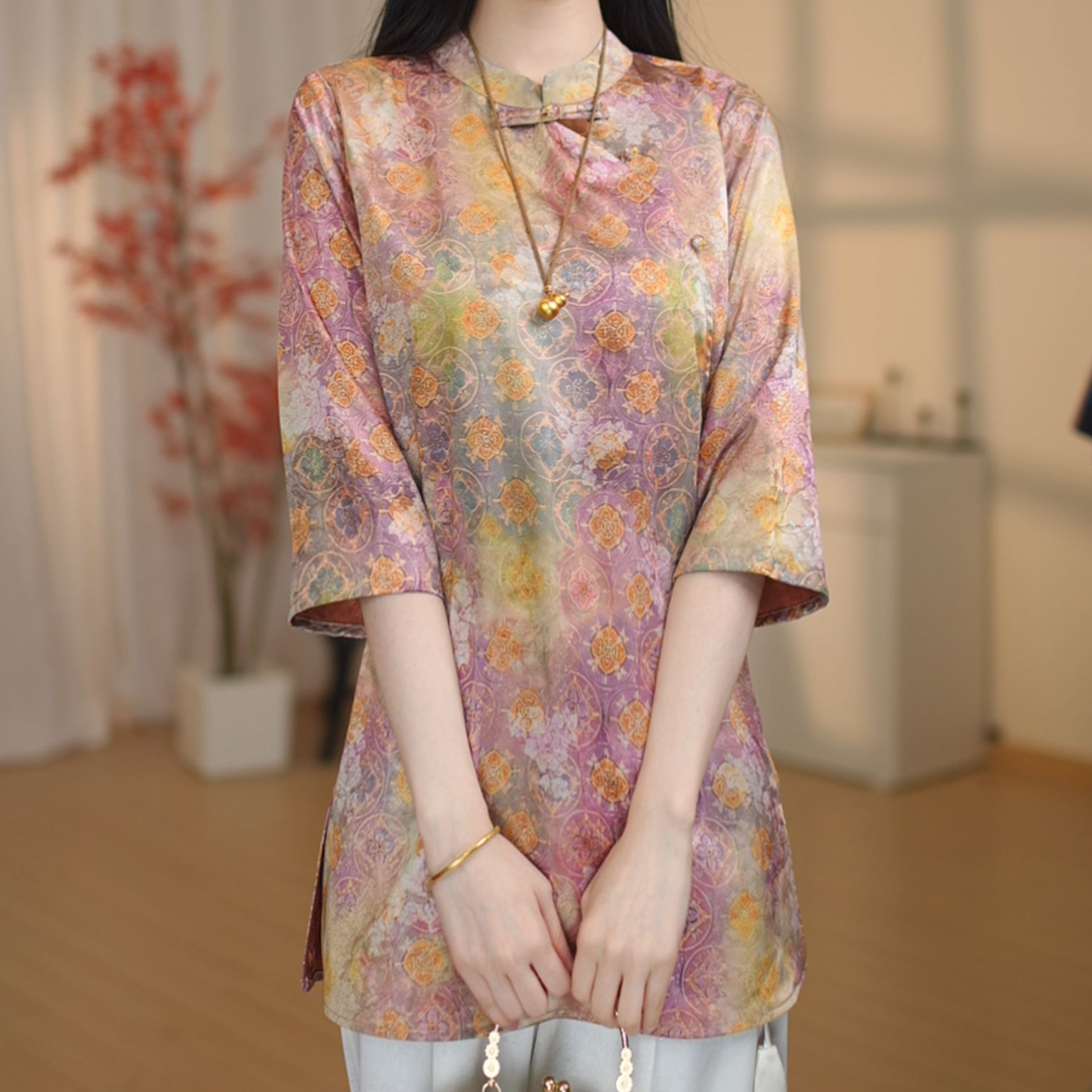 【3501-锦云染霞】2026早春新款新中式国风小衫七分袖上衣-园园
