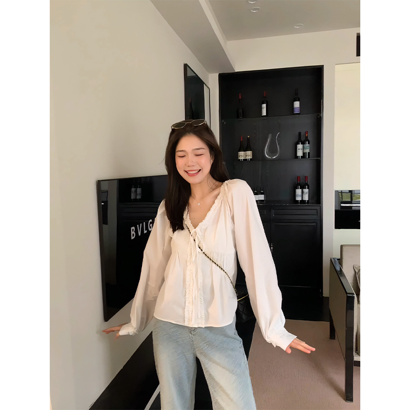 48H【科尔马的清晨】高个子加长高级感法式系带v领花边衬衫女 SP008