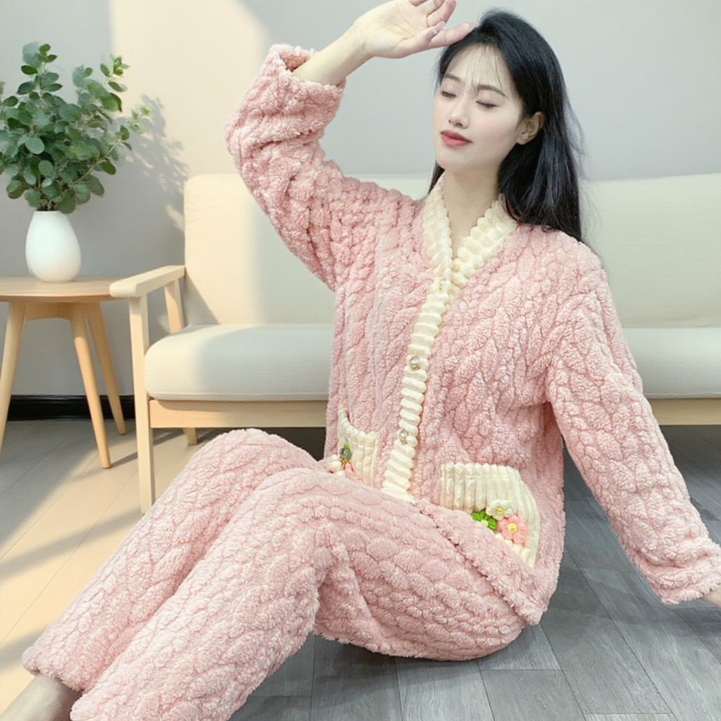 【加厚双面绒  冬季新款】女士睡衣法兰绒长袖保暖可外穿家居服Y85