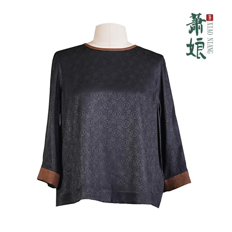 萧娘【羽衣轻】提花弹力缎上衣新中式圆领长袖宽松国风女上衣1847