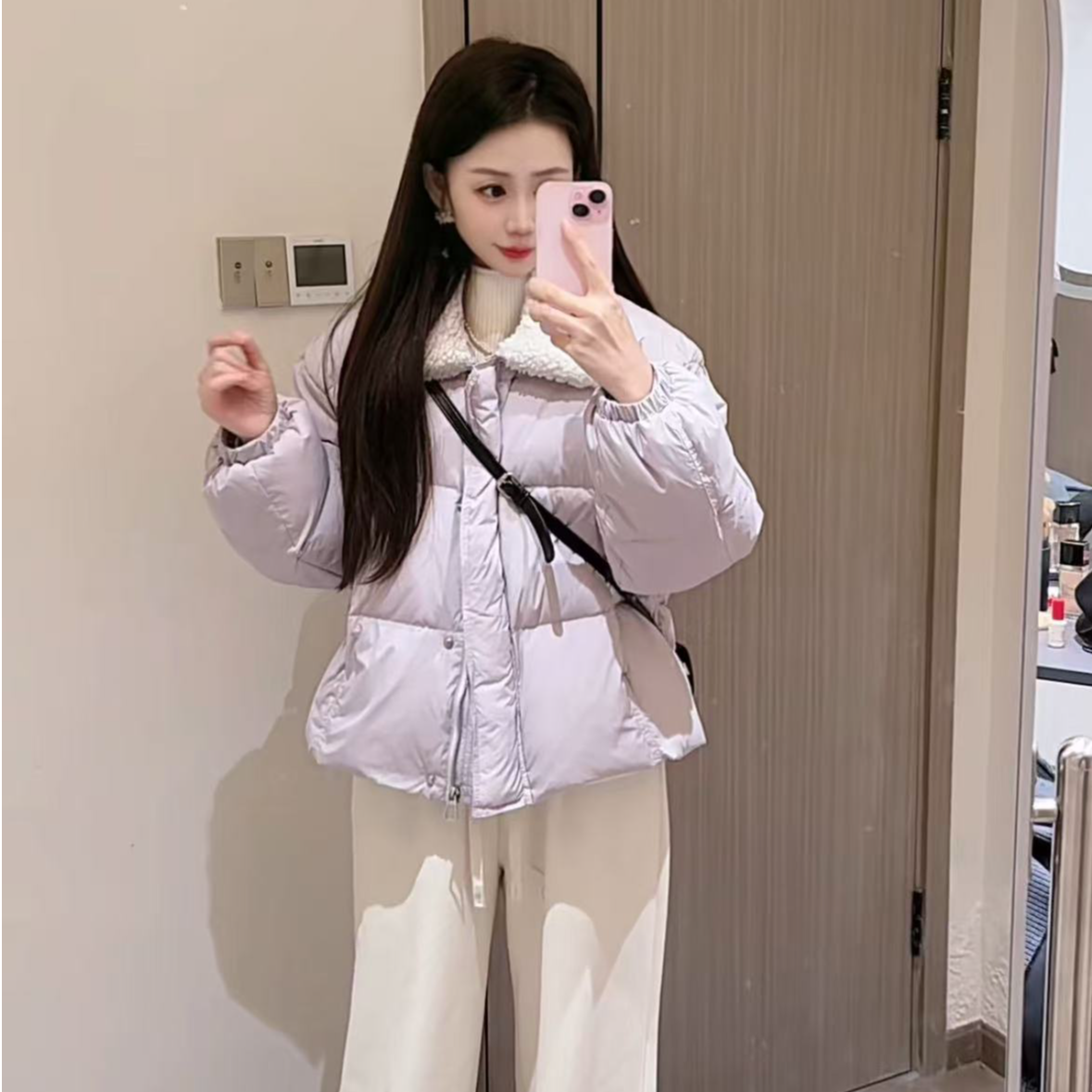 韩系仿羊羔毛领羽绒服外套-2707