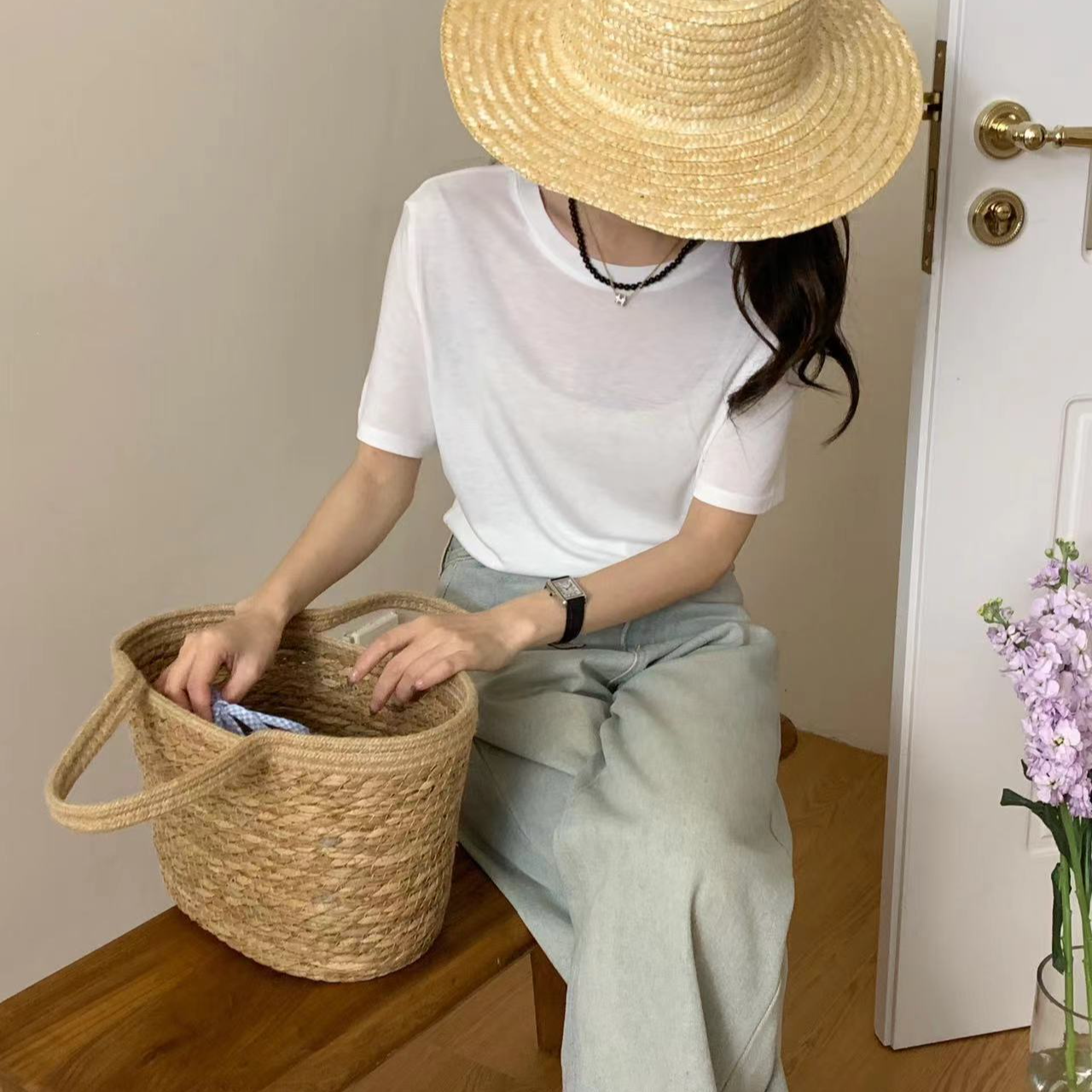 夏季时尚纯色圆领套头韩版百搭简约设计感显瘦修身短袖T恤8825