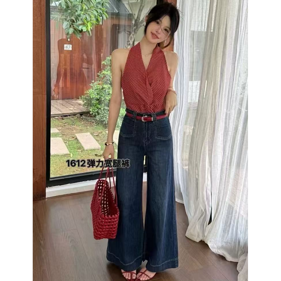 王永家~秋季新款复古高腰阔腿直筒微喇弹力牛仔裤1612