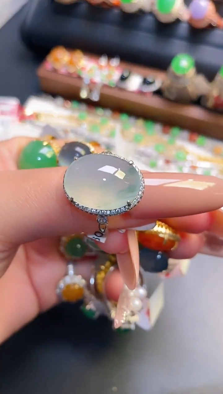 银S925镶嵌戒指翡翠小*子天然