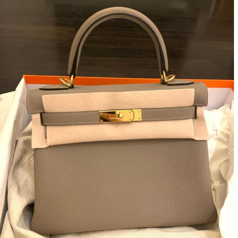 99新 Hermes/爱马仕 小花6欢 Kelly 28 银河灰 Togo皮 A刻 金扣包