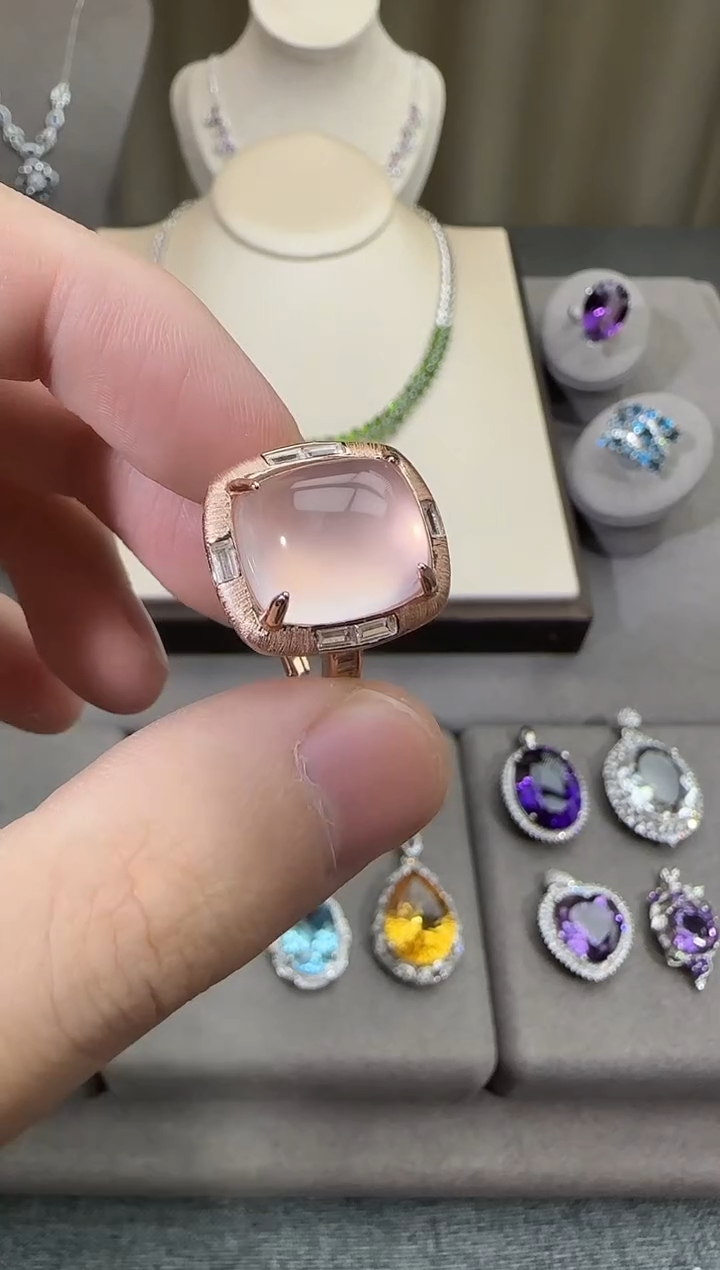 银S925镶嵌戒指芙蓉石12*14mm星光粉水晶戒指