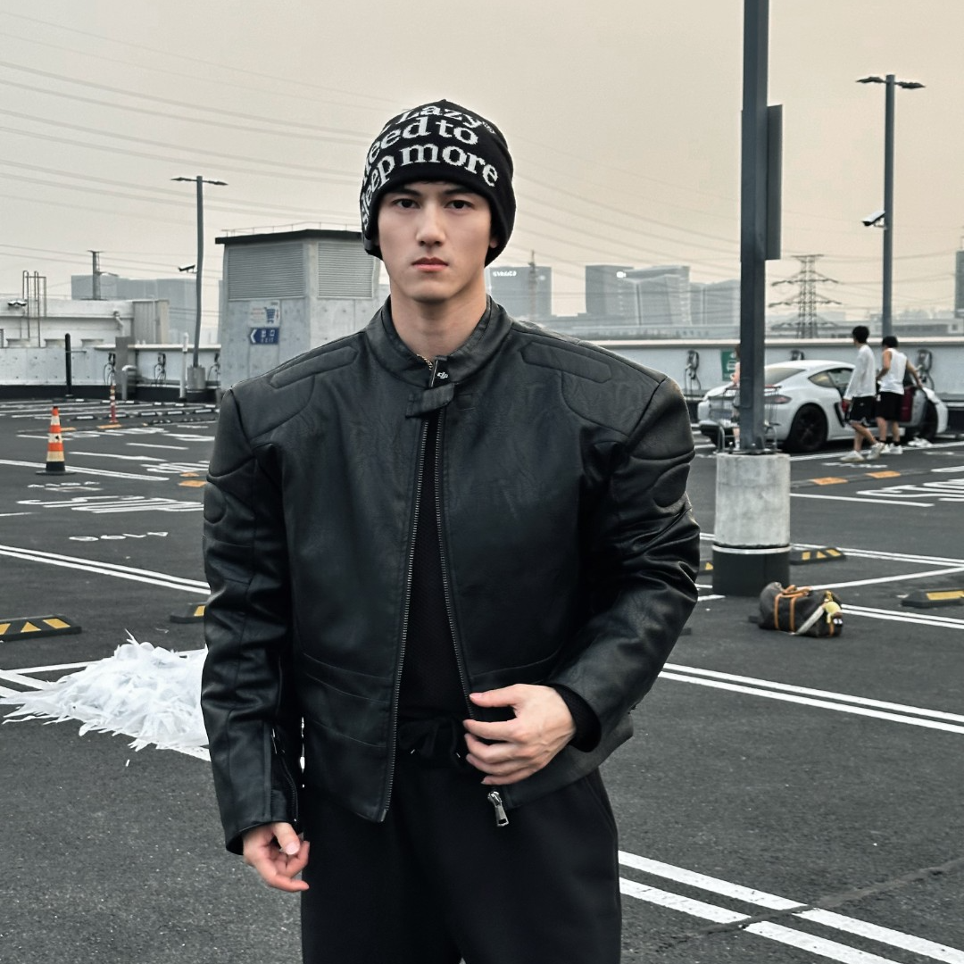 AOBOYUAN美式重工立体廓型垫肩机车夹克皮衣欧美风宽松版棉服外套