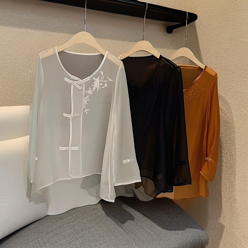 A278-夏新中式薄纱长袖外搭复古罩衫防晒衬衫衬衣时尚提花宽松