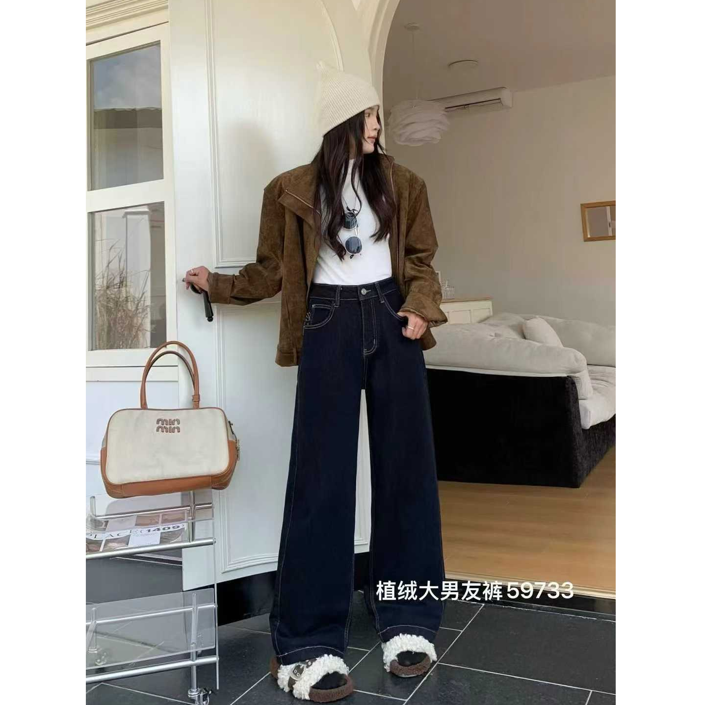 拖地裤冬季女直筒裤冬季牛仔裤植绒加厚款水洗裤子弯刀牛仔裤