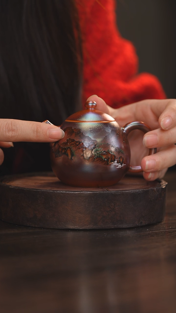 【闪购商品】杯40柴房陶瓷丨金红落灰绘画龙蛋壶