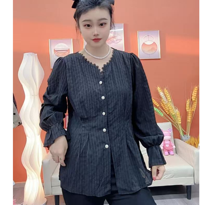 早秋新款大码胖mm气质v领小扣收腰衬衫