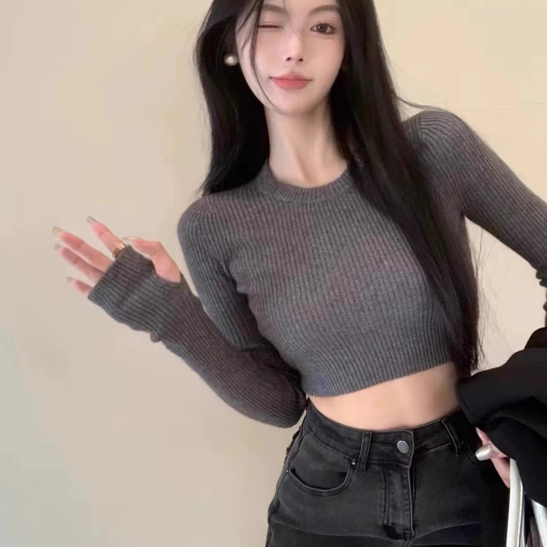 灰色长袖针织衫女2025春秋内搭修身短款露脐洋气紧身打底衫上衣潮