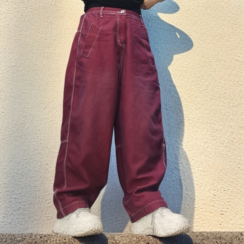 彩色牛仔明线吊裆裤