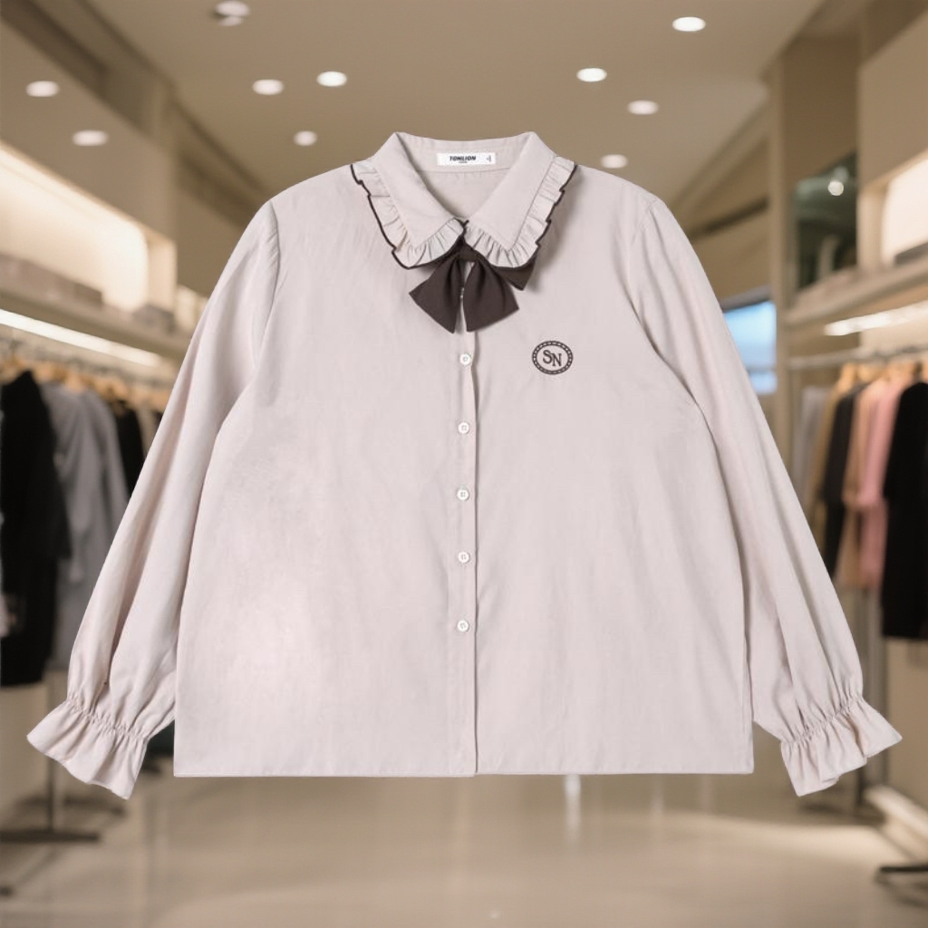 荷叶领长袖衬衫女秋甜美森系蝴蝶结领结百搭纯色宽松显瘦内搭衬衣