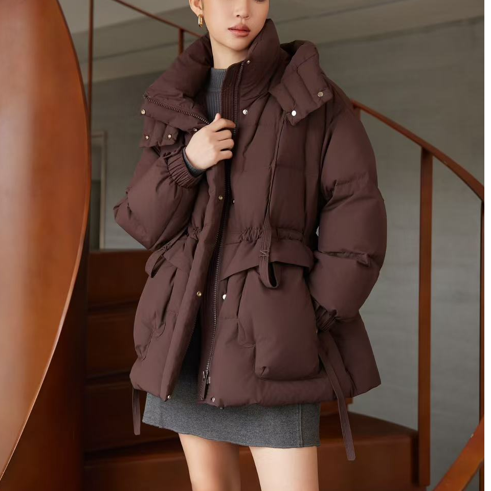 9982  冬季收腰羽绒服女加厚防风连帽中长款羽绒服