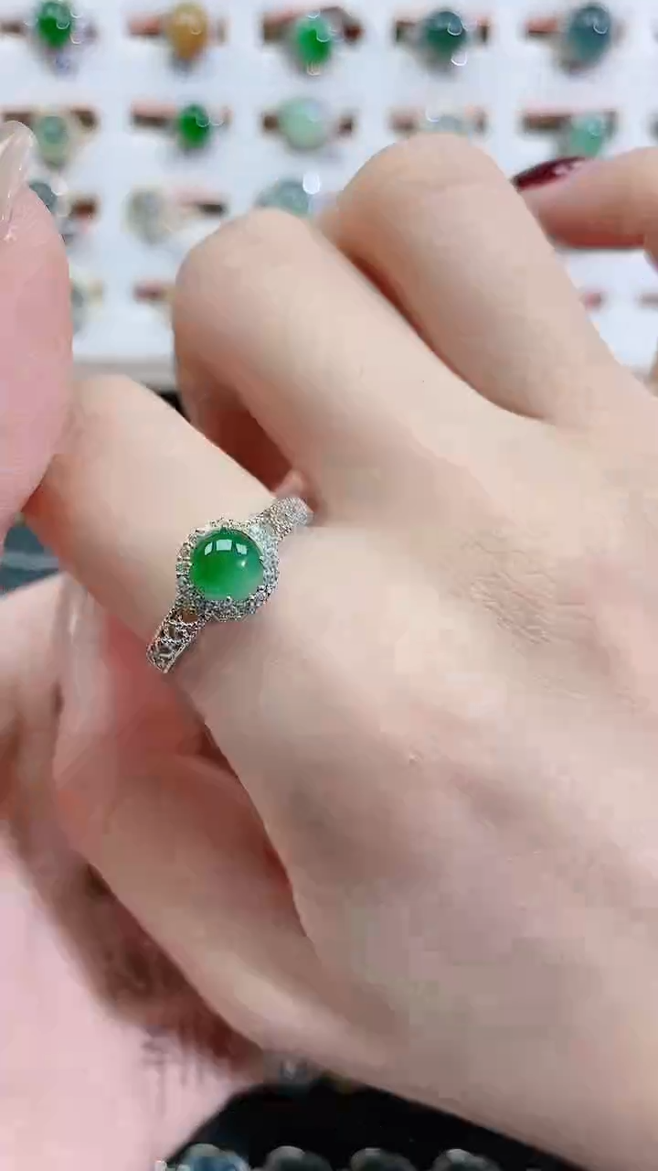 银S925镶嵌戒指翡翠 天然翡翠