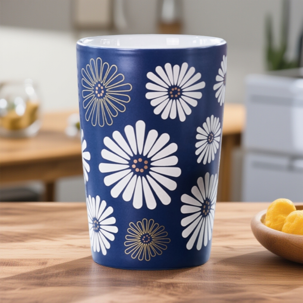 【TE家】400ML 靛蓝雏菊双层隔热手握杯 家用陶瓷水杯 手工奶杯