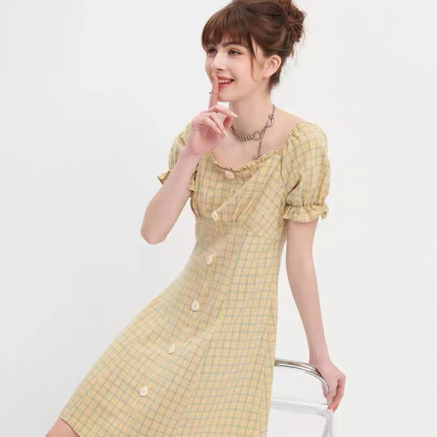 常规印花格纹中腰连衣裙短袖女装格子碎花温柔夏季