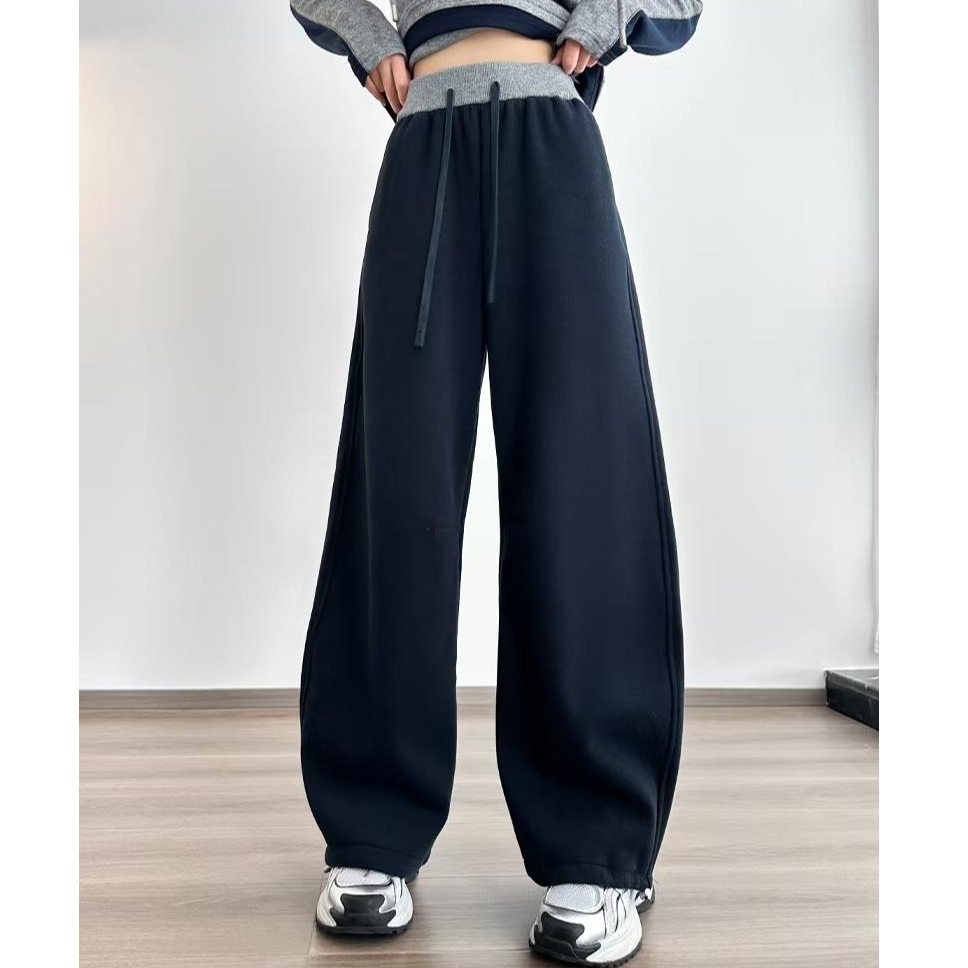 拼色加绒休闲弯刀裤女欧洲站2025冬季两穿裤脚抽绳百搭拖地卫裤