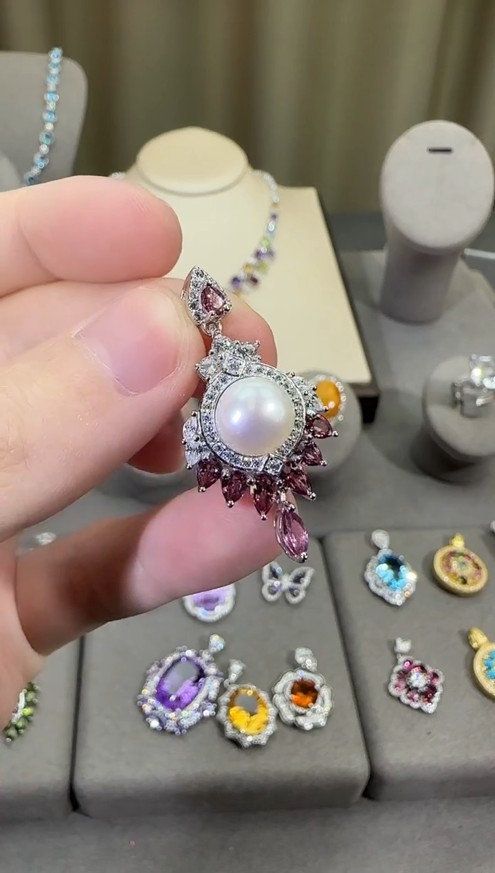 颈饰银S925镶嵌淡水珍珠10mm吊坠设计款