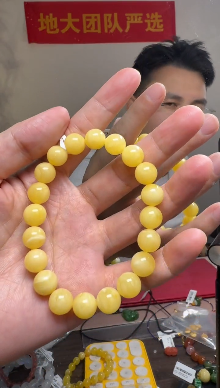 手链琥珀未镶嵌约10mm俄料鸡油黄白花蜜蜡圆珠单圈手串