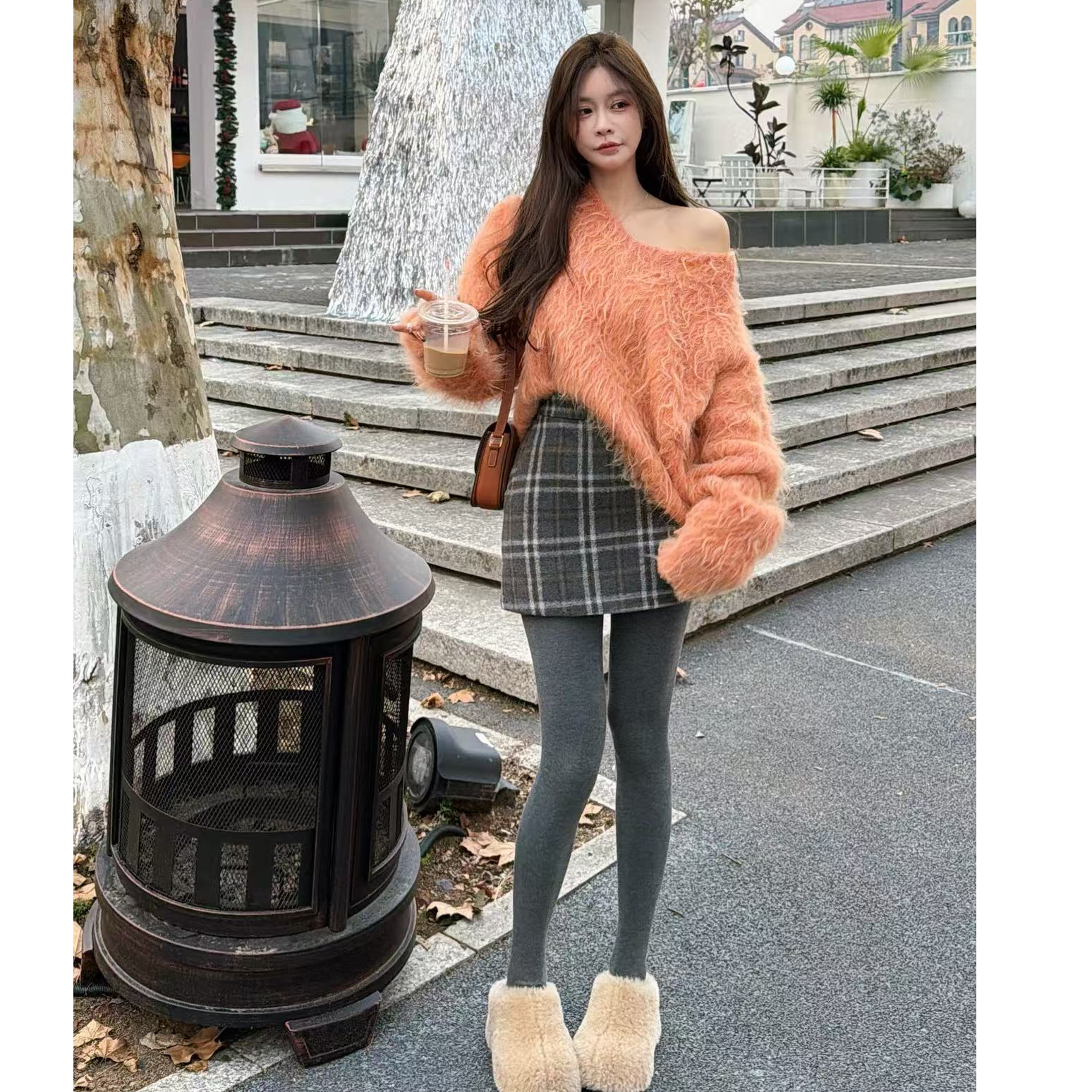 【YKL】暖橘格纹 橘棕半系扣褶皱长袖珊瑚橙拉毛毛衣街头调格纹短裙