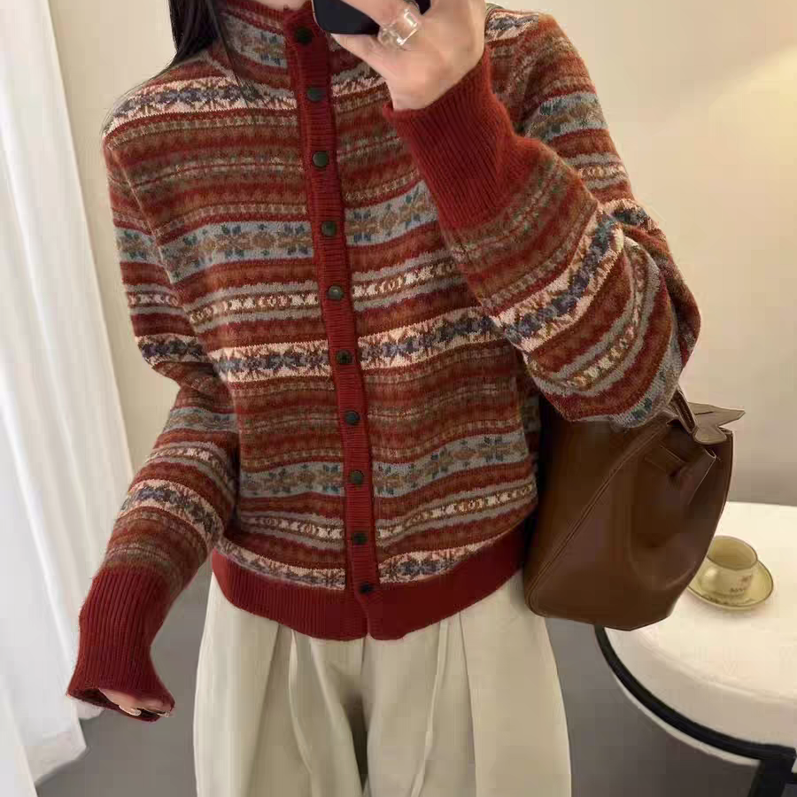 费尔岛提花精纺羊毛针织开衫女立领扣子宽松加厚毛衣复古条纹外套