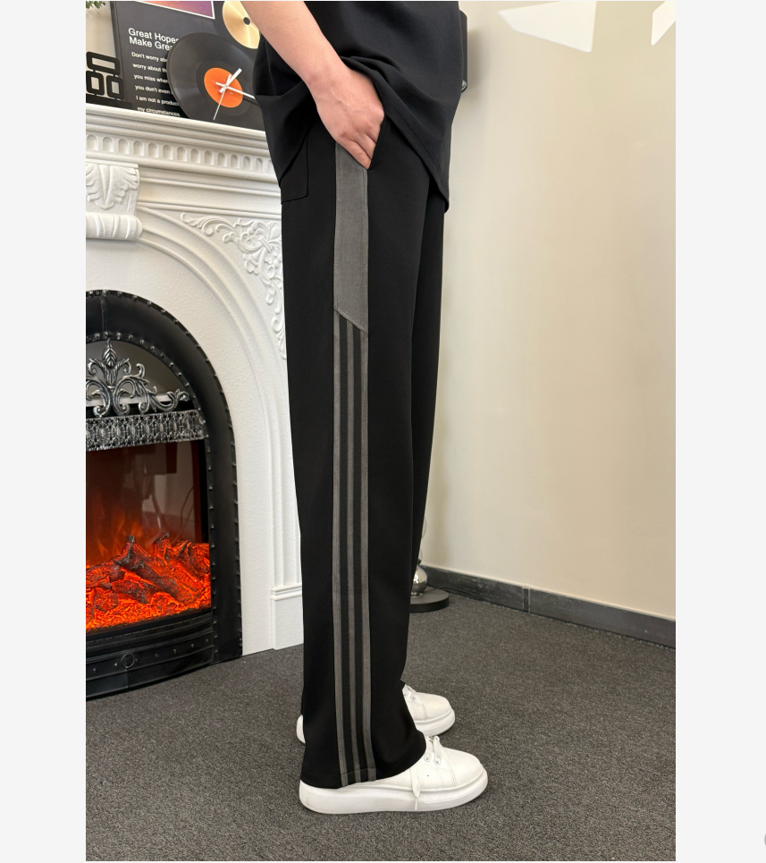 秋冬高街潮流三道杠直筒裤撞色休闲裤垂感刺绣百搭宽松男士条纹裤