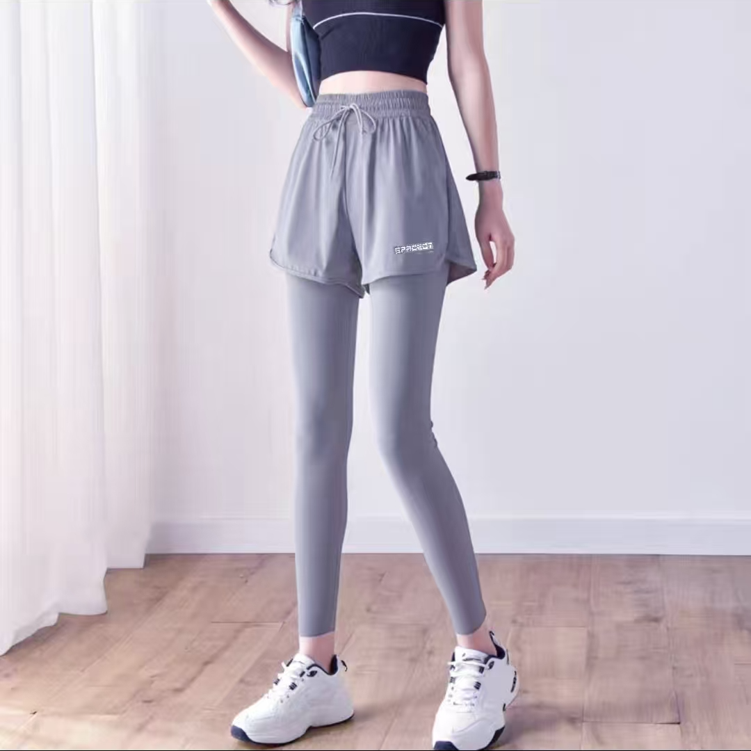 8033-女紧身假两件运动健身瑜伽裤（灰色）