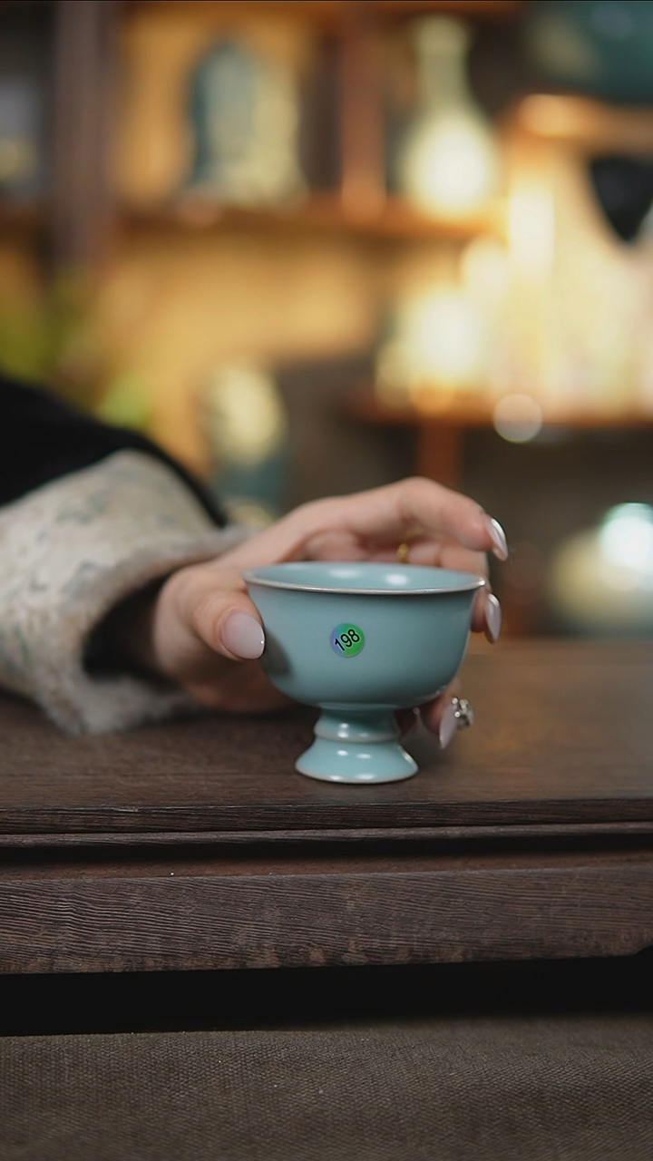 【闪购商品】杯仿古宋臻釉竹节高足压手杯瑕198