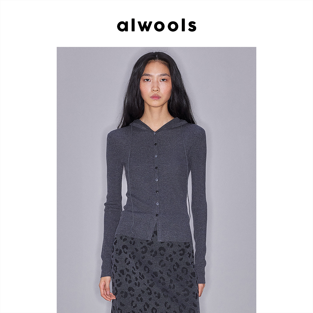 ALWOOLS2025秋冬新品坑条连帽修身针织开衫