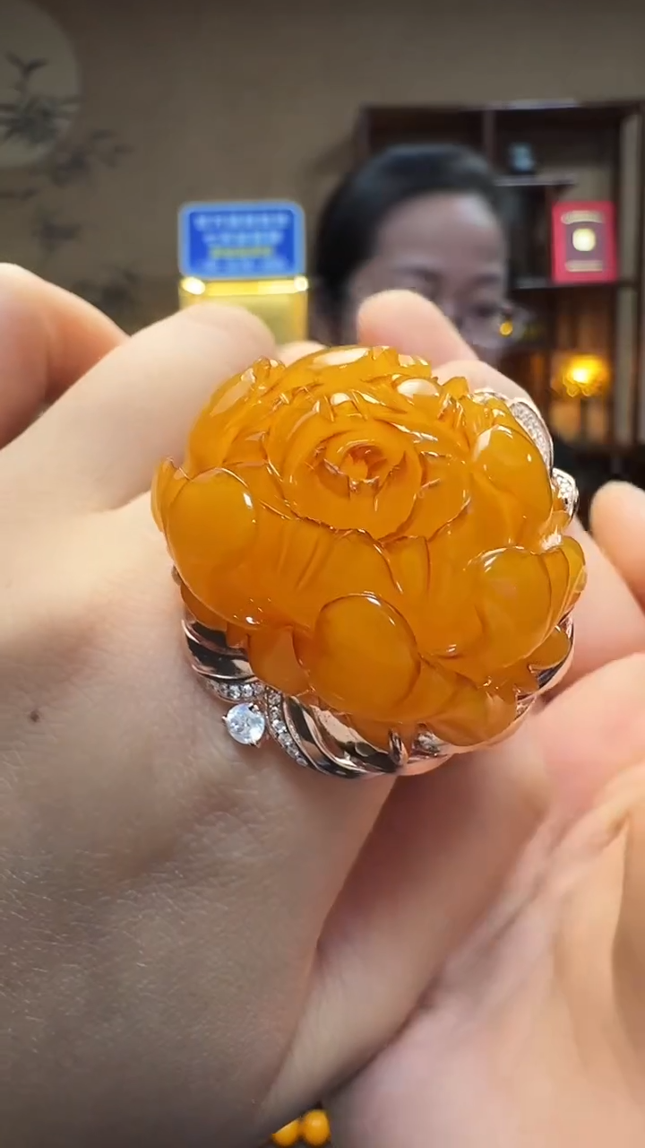 银S925镶嵌蜜蜡戒指天然保真蜜蜡牡丹花戒指