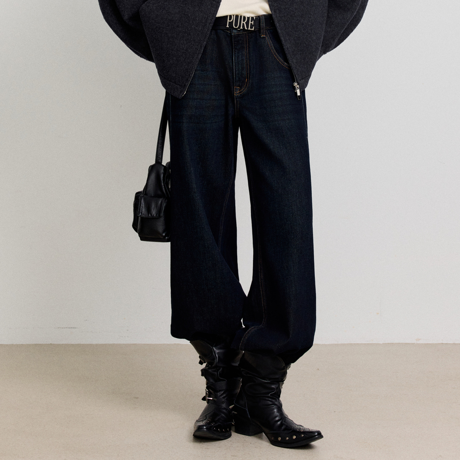 小麦檬Pure:Moment:秋冬复古休闲深藏青高腰阔腿牛仔裤4GA154011