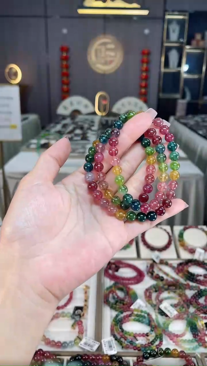 未镶嵌冰透体老矿碧玺色标彩虹三圈手串7mm+碧玺hon多样性发一条