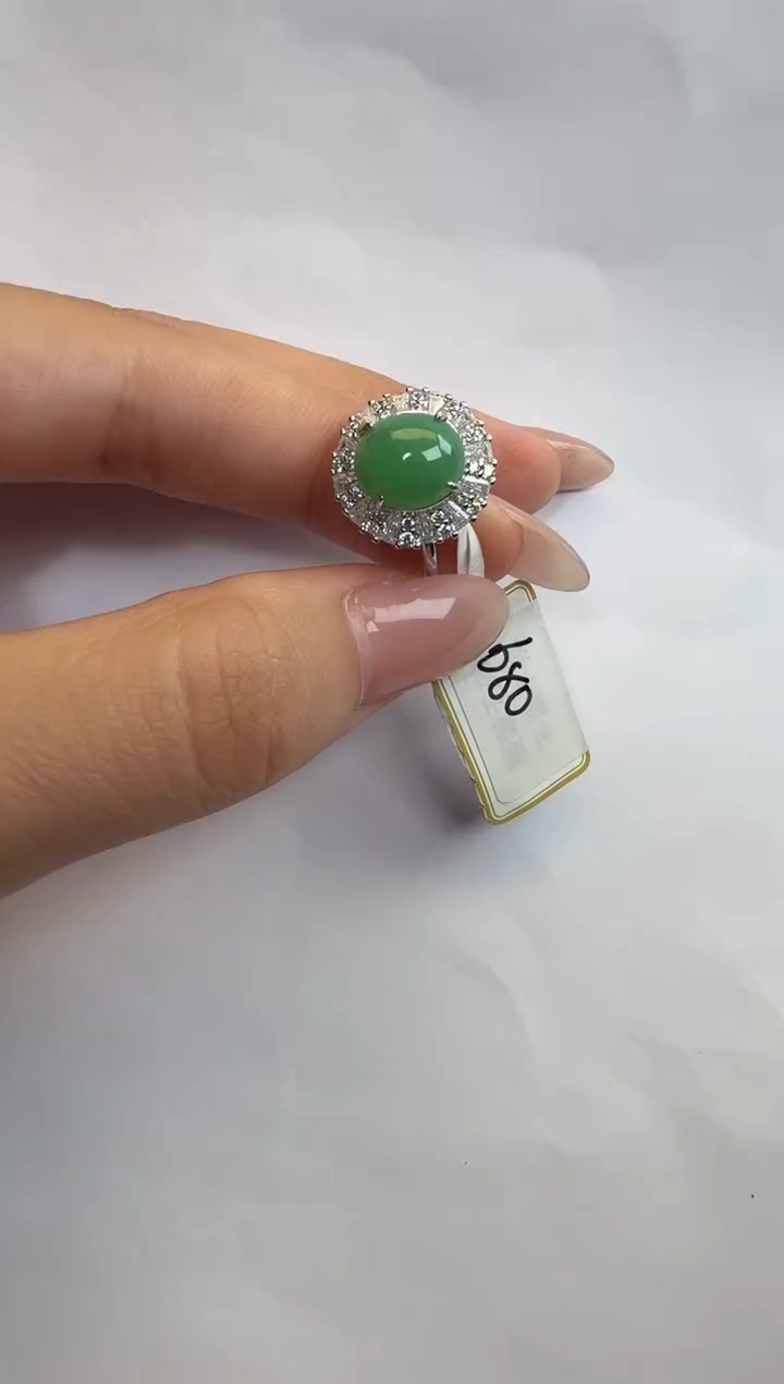 银S925镶嵌戒指翡翠通体925银镶缅甸A货翡翠戒指0252