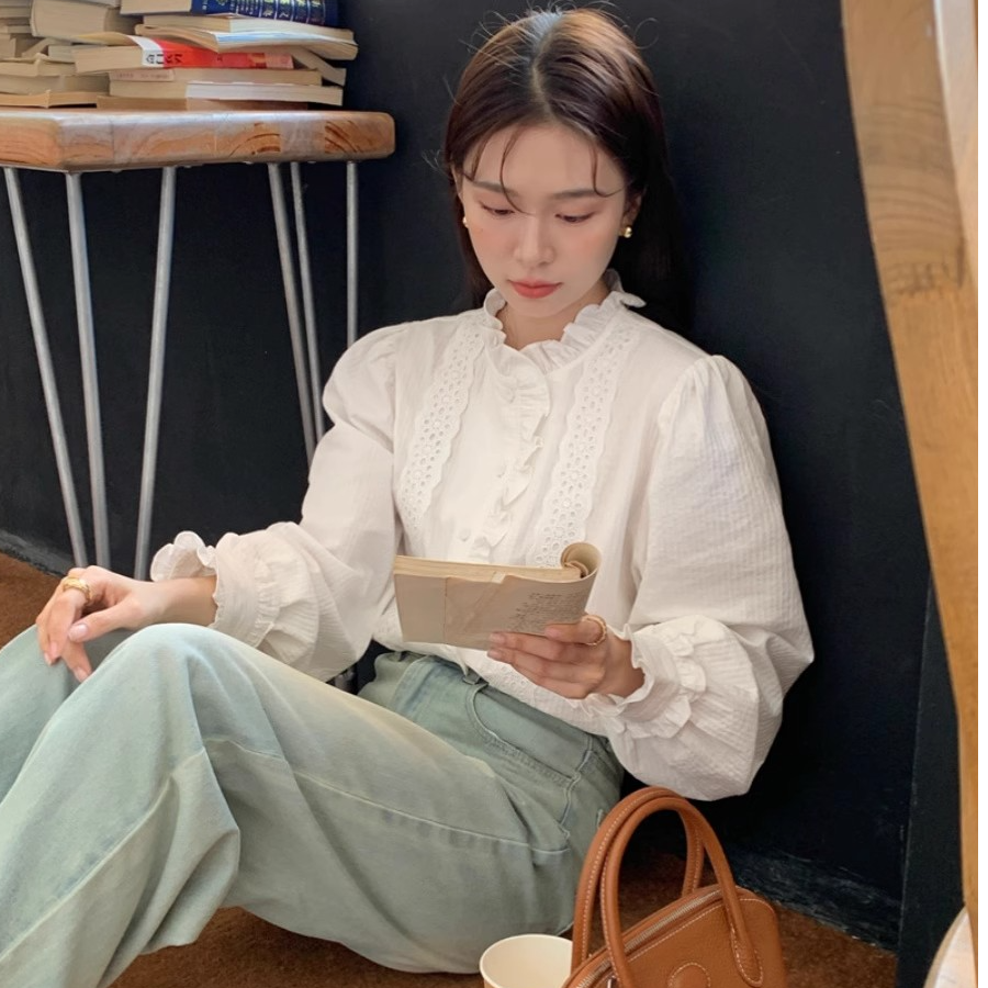 【全额运补】法式设计感小众蕾丝花边立领衬衫春秋别致高级洋气上衣