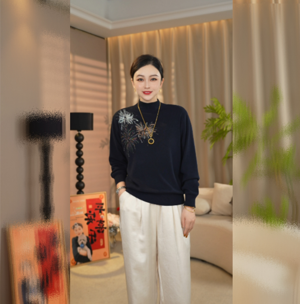 烟花 秋冬新款高级感遮肉显瘦圆领长袖宽松印花气质女羊毛上衣