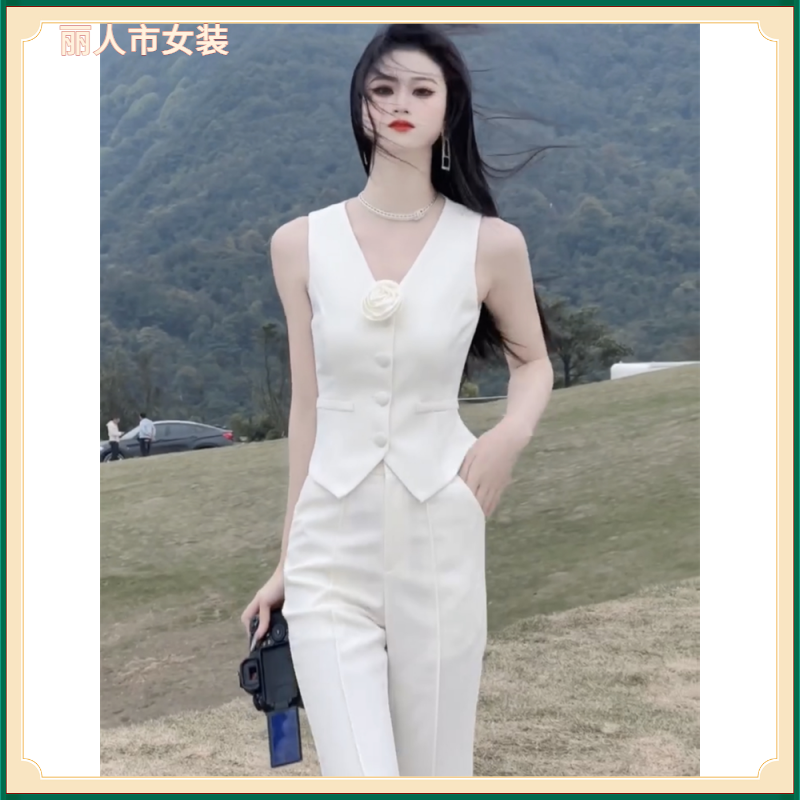 I2025年夏季新款女神气质白色马甲西装套装名媛阔腿裤两件套III