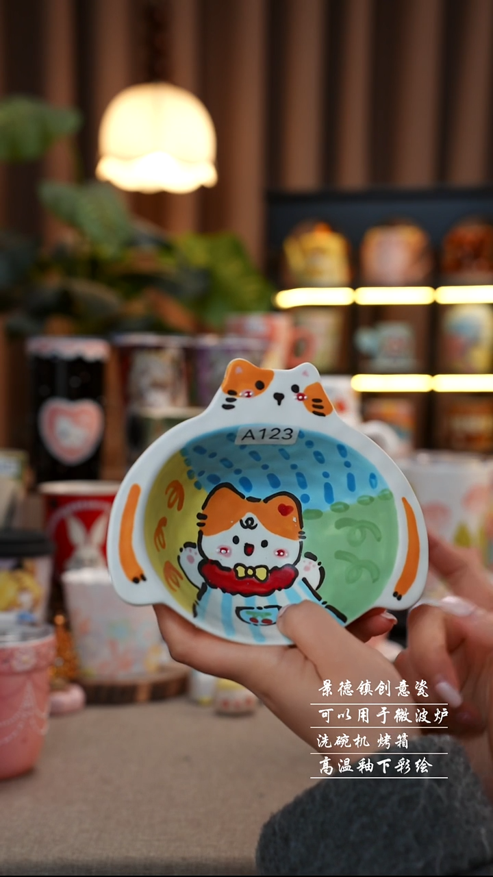 小猫双耳碗景德镇陶瓷手工手绘创意瓷123