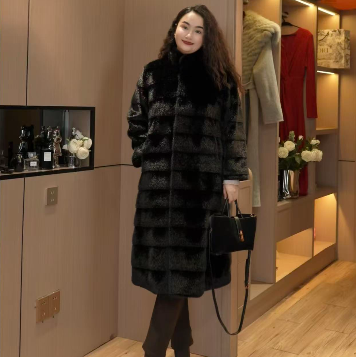 人造皮草  （衣长115）新款横排长款过膝环保毛毛外套大衣女外套