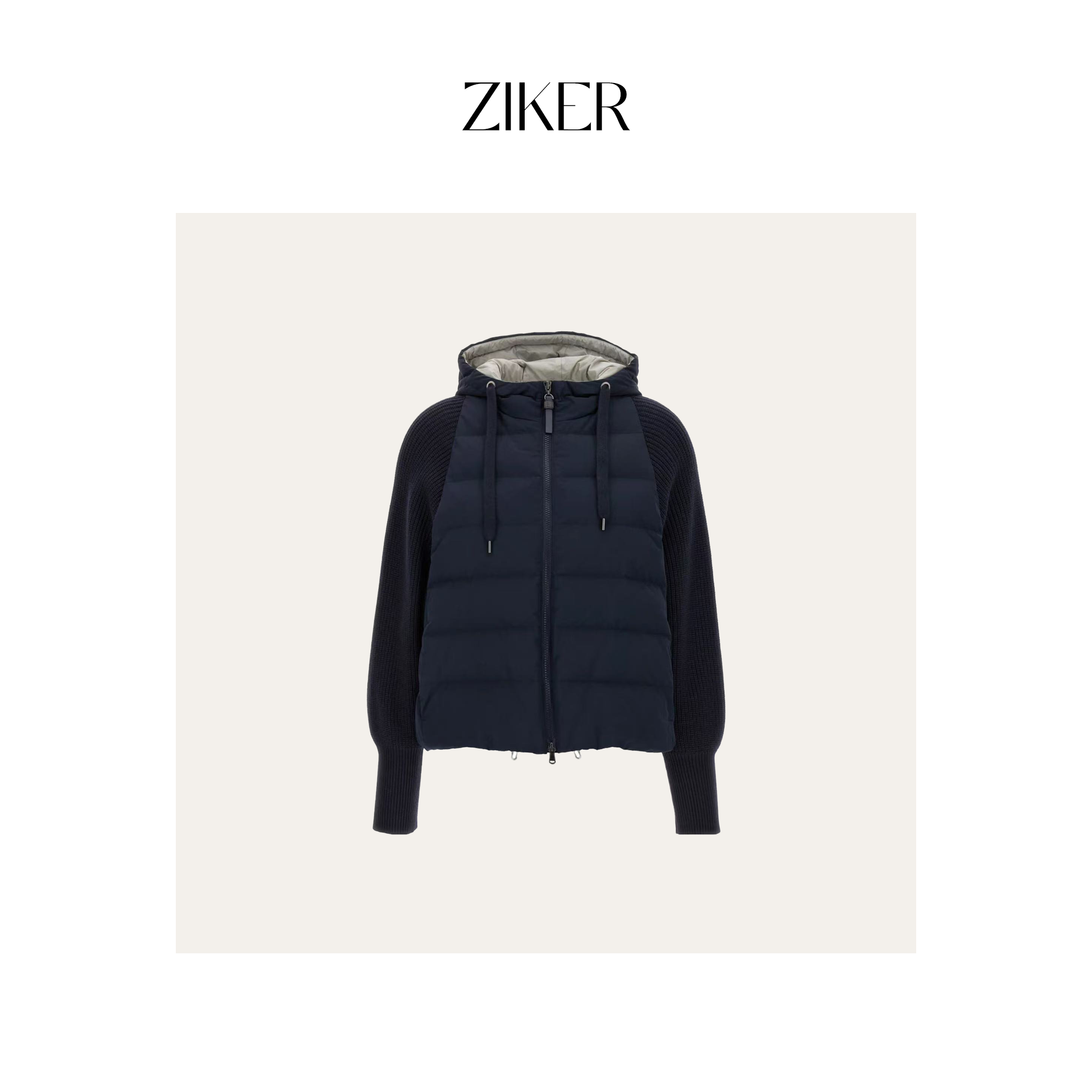 ZIKER｜90鹅绒冬季新款拼接针织长袖连帽拉链鹅绒羽绒服外套女