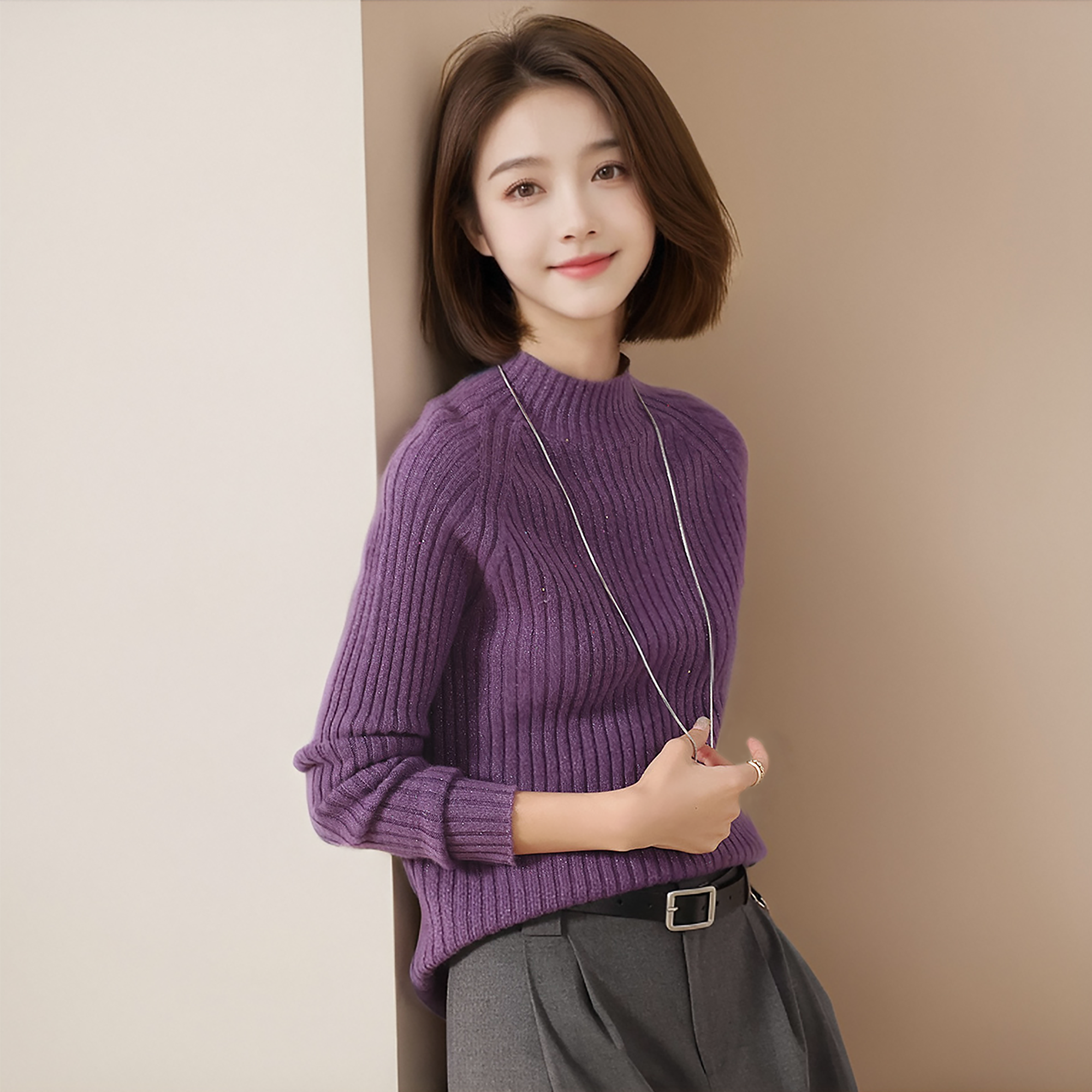 赛兔100%羊毛衫女无缝厚款亮丝亮片竖坑条纹打底衫502S245T005-1