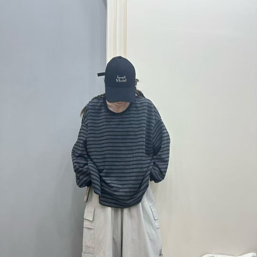 10064百搭圆领日系复古长袖撞色休闲上衣时尚网红洋气炸街女装