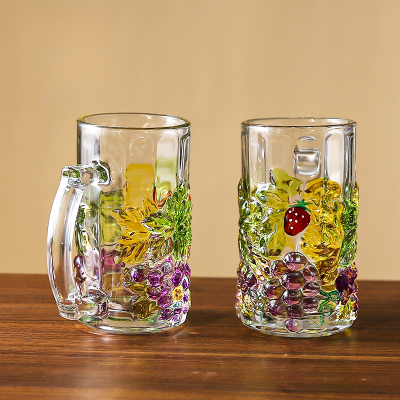 【双支装】个性创意手绘葡萄玻璃杯带把家用喝水杯高颜值牛奶杯子