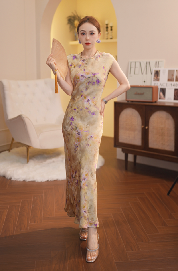 G456春茶浪漫 新国风旗袍印花复古显瘦连衣裙ZJ